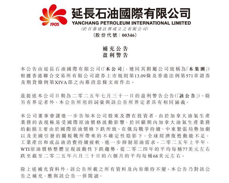 延长石油国际补充公告盈警：原油价格下跌导致加拿大油气业务亏损